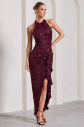 Plum Sequin High-Neck Open-Back Maxi Dress With Drape
